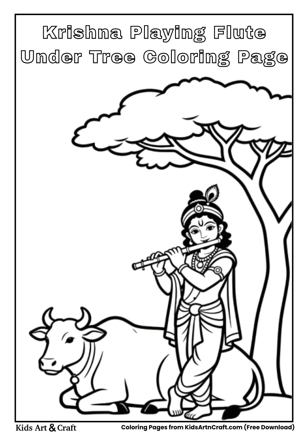Krishna playing flute under tree simple coloring page
