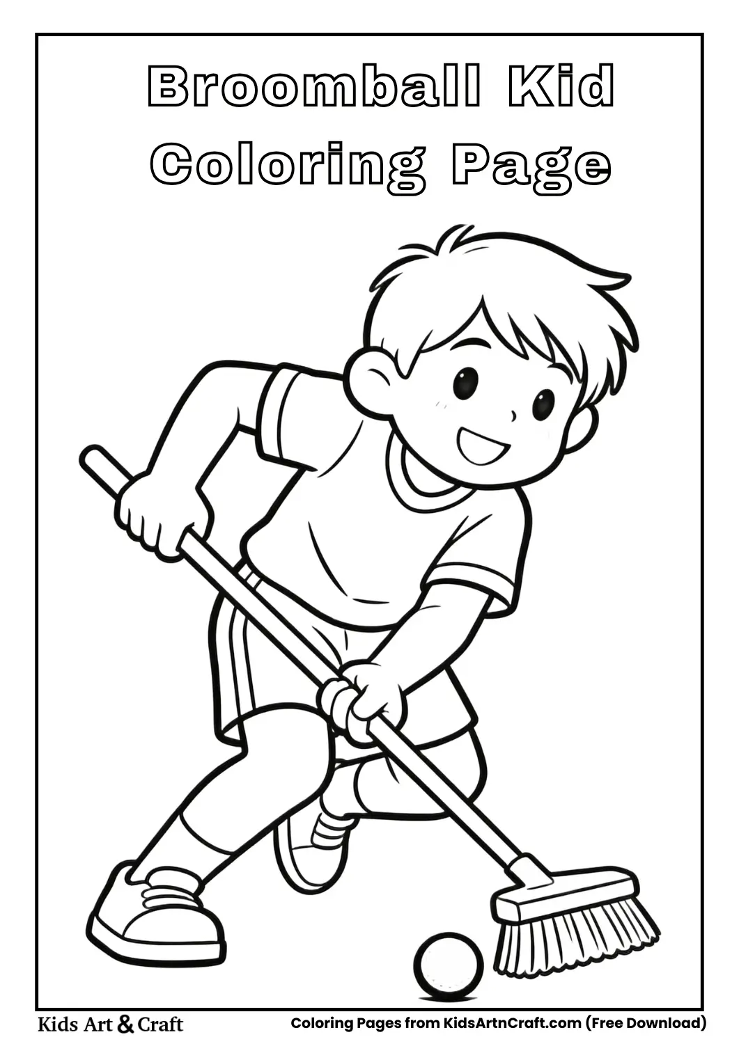Kid playing broomball winter coloring page