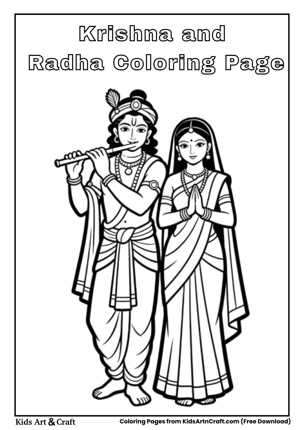 Krishna and Radha standing together easy coloring page