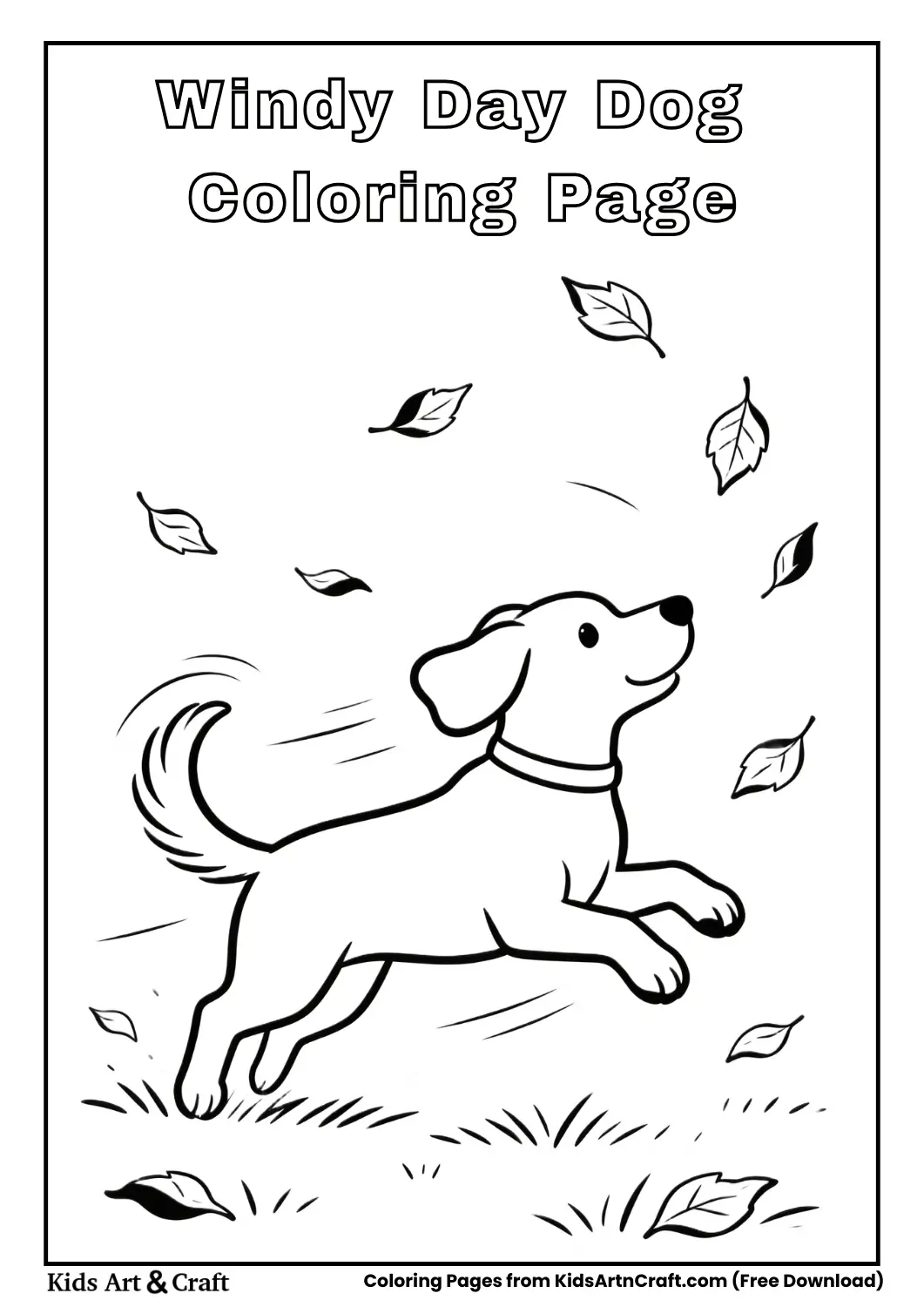 Dog chasing leaves on windy day coloring page