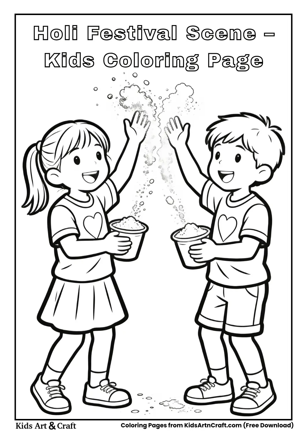 Children playing Holi with color powder, simple line art