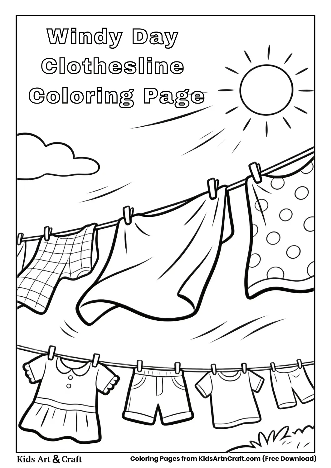 Clothes blowing on clothesline coloring page
