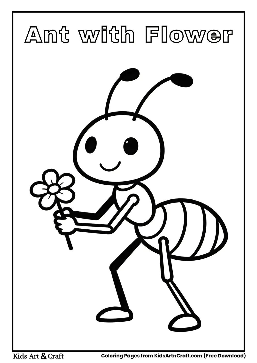 Ant holding flower black and white coloring page