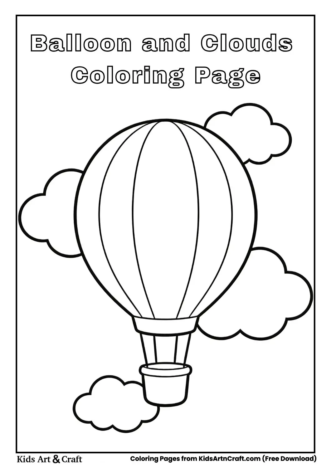 Balloon floating with clouds black and white coloring page