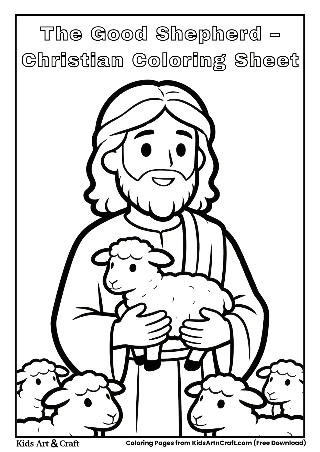 Jesus holding lamb with sheep nearby, simple line art