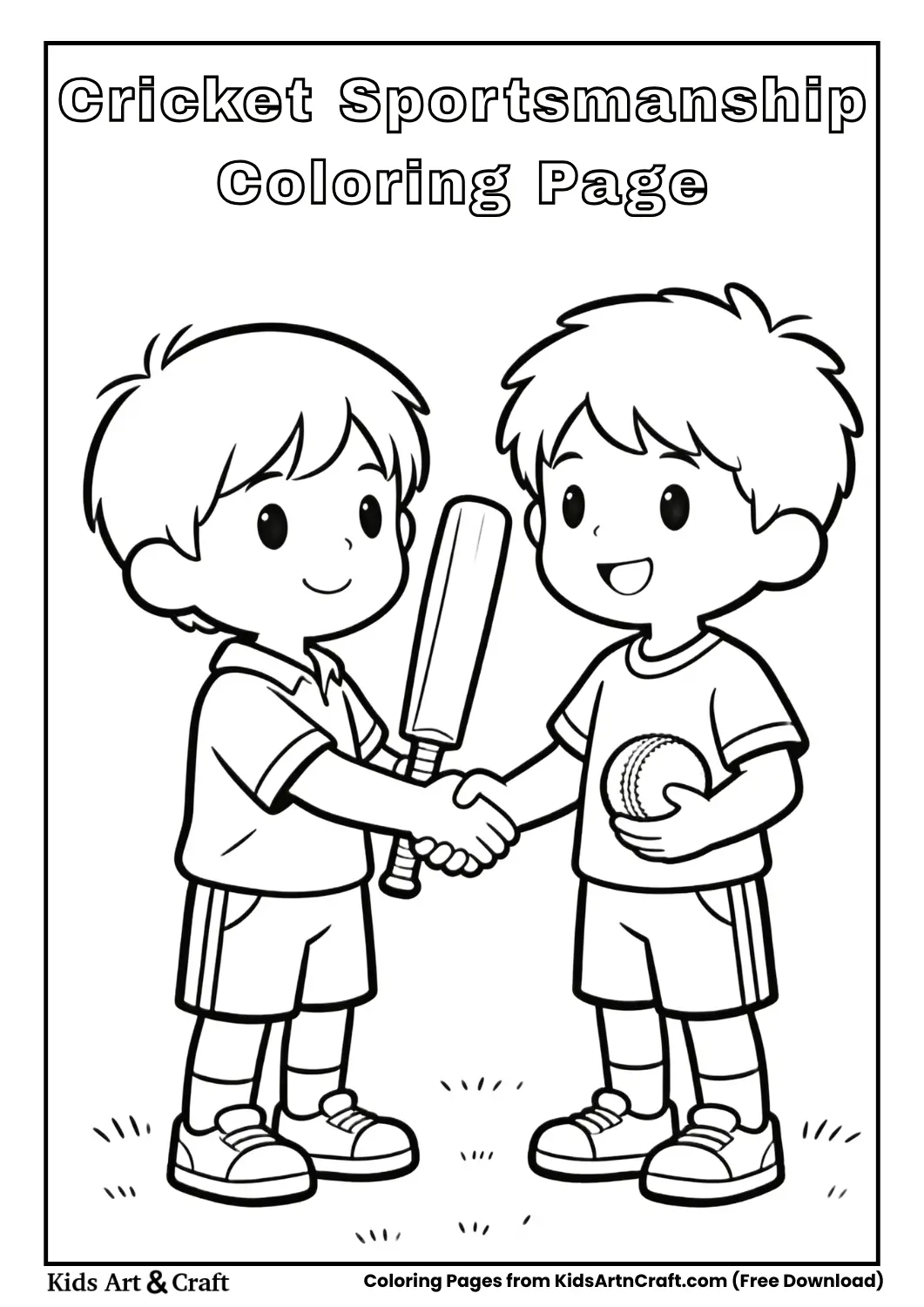 Two kids shaking hands after cricket match outline