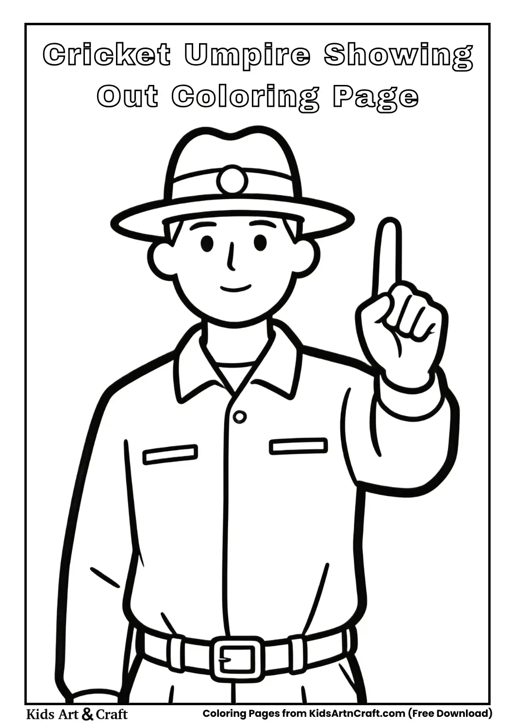 Cricket umpire raising finger showing out simple outline coloring page