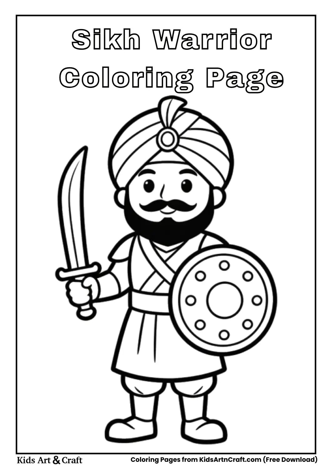 Simple cartoon Sikh warrior with shield and sword outline
