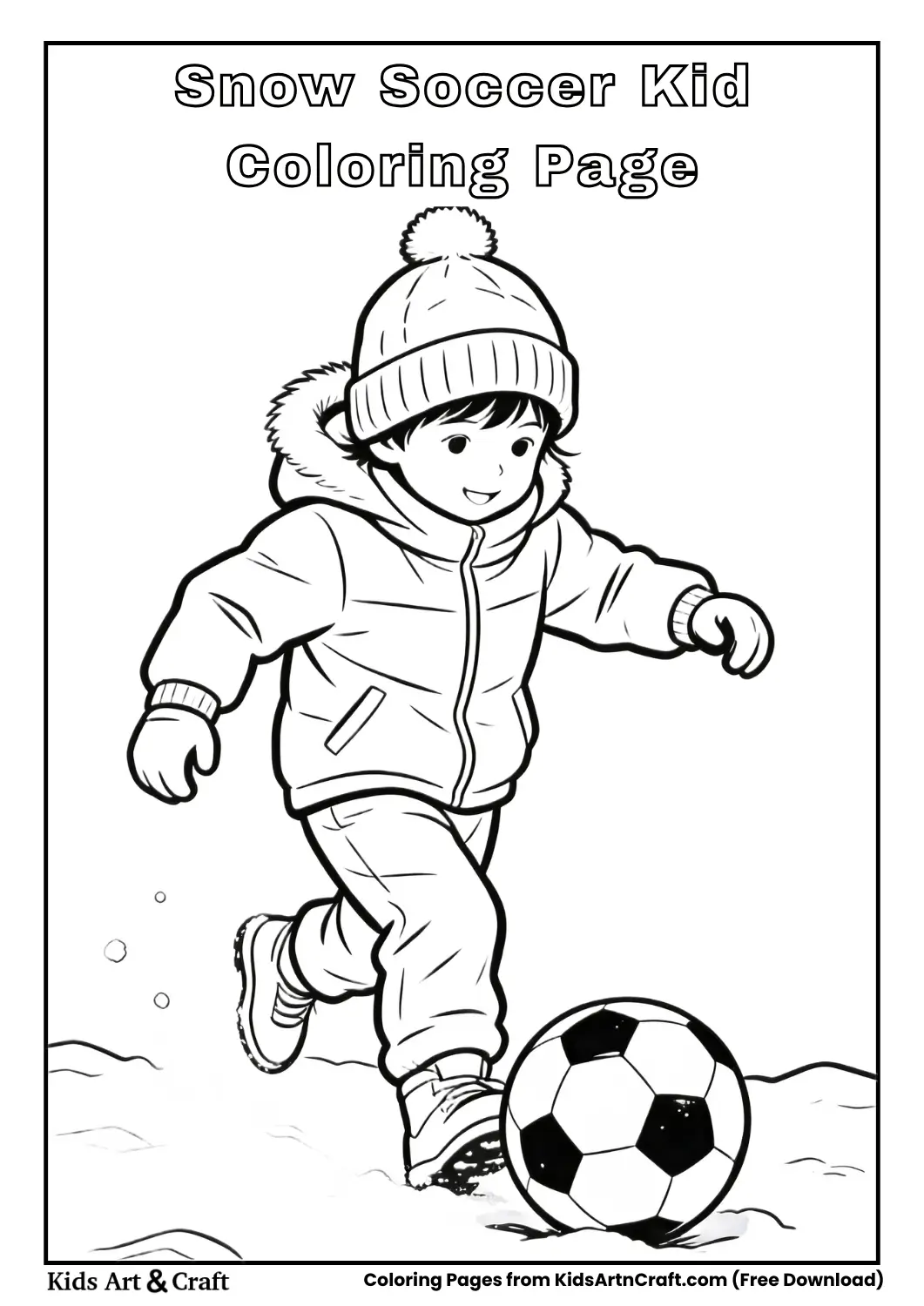 Child playing soccer on snow coloring page