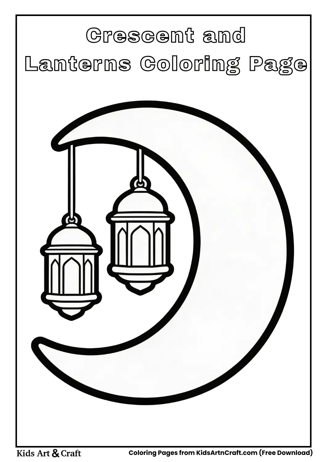 Crescent moon with hanging lanterns coloring page