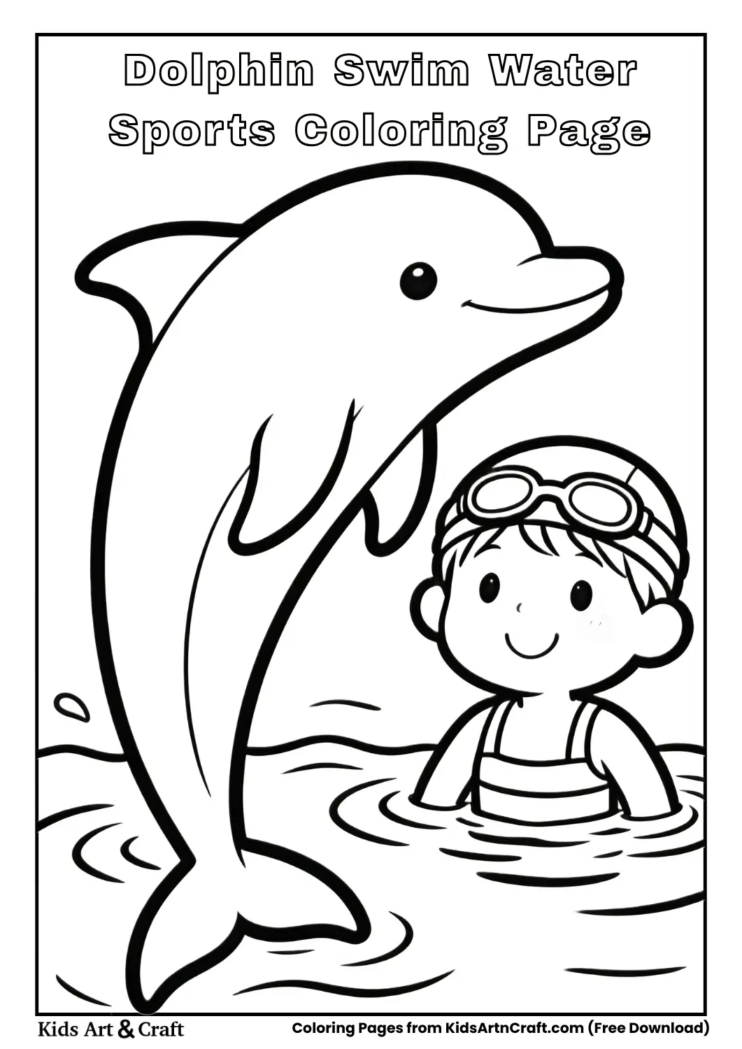 Child swimming with dolphin coloring page
