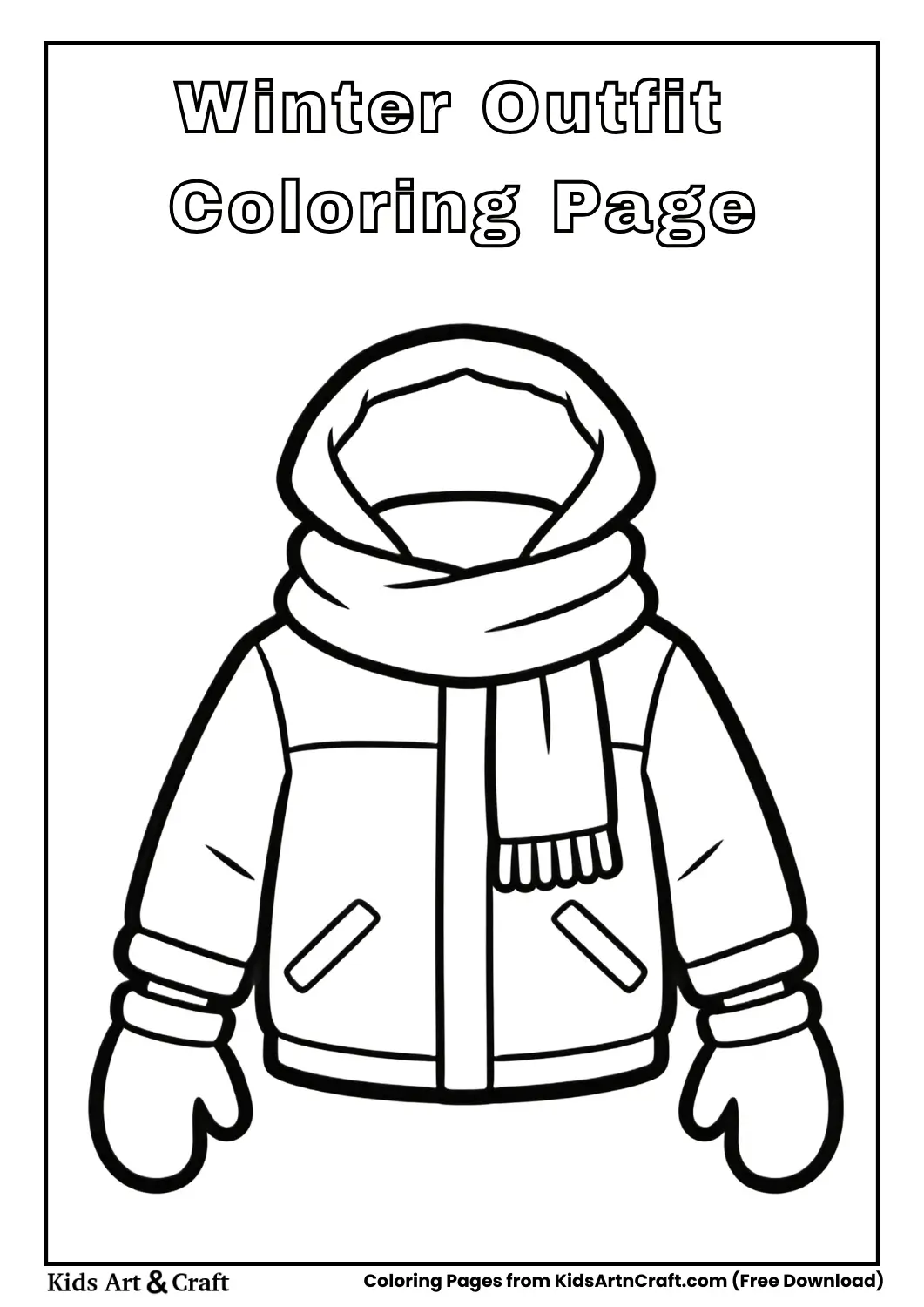 Winter jacket with scarf and mittens coloring page