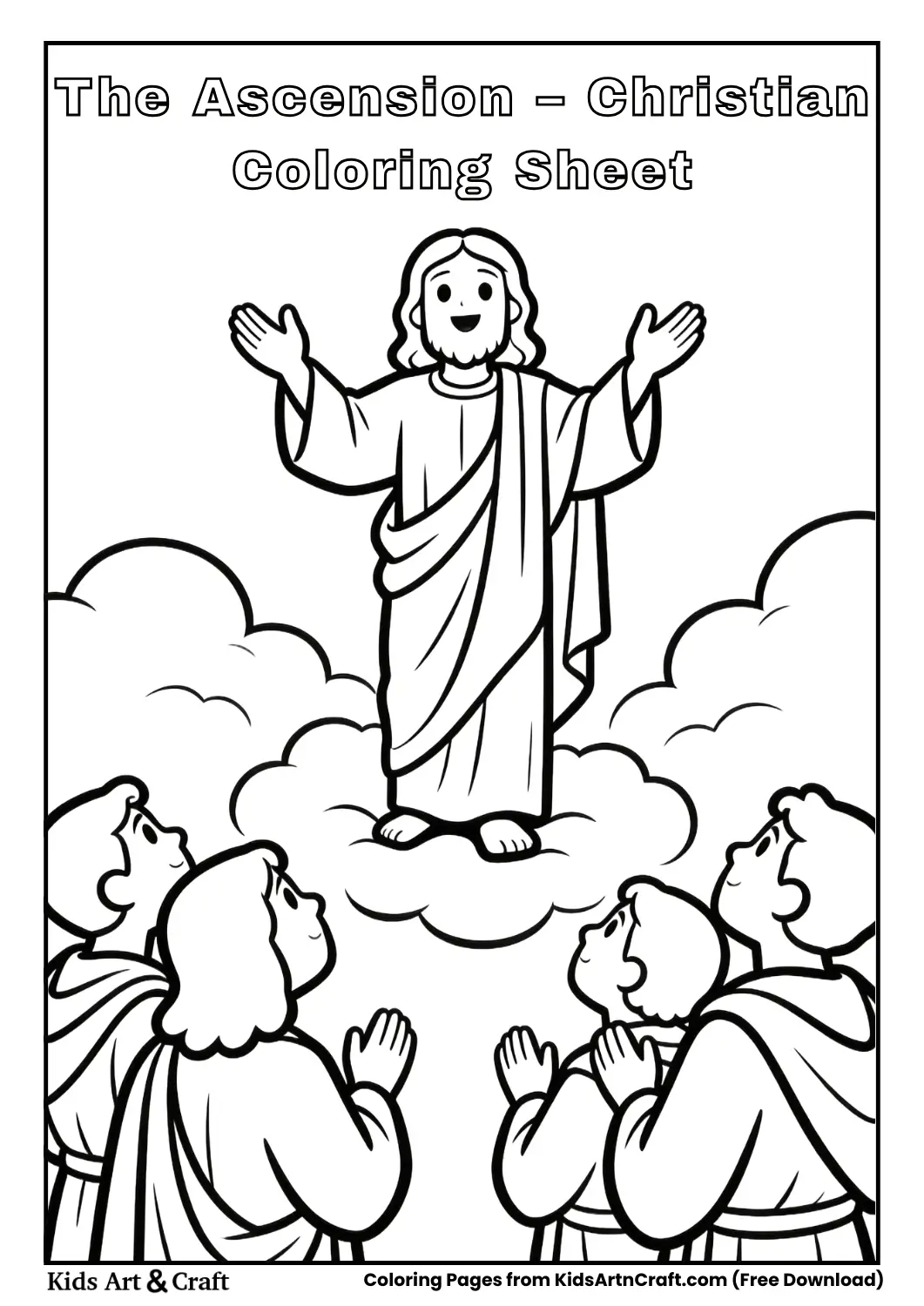 Jesus rising into clouds with disciples below, simple coloring page