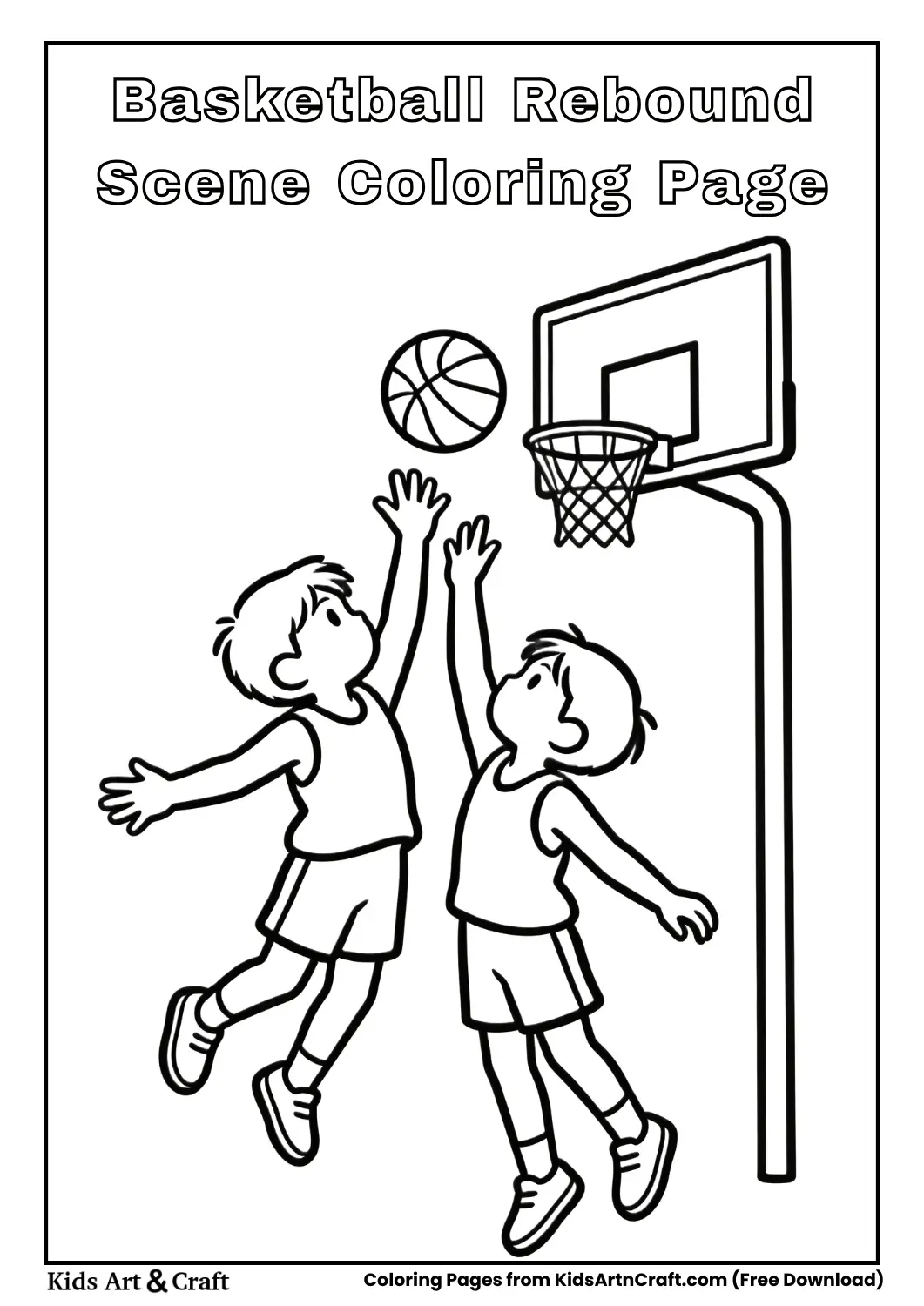 Two kids jumping for rebound coloring page