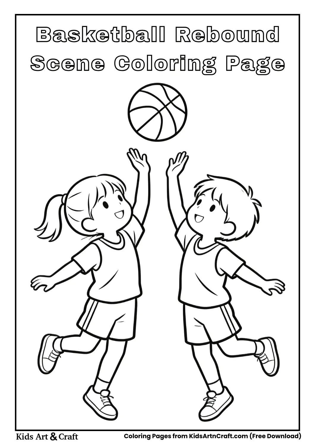 Two kids jumping for rebound coloring page