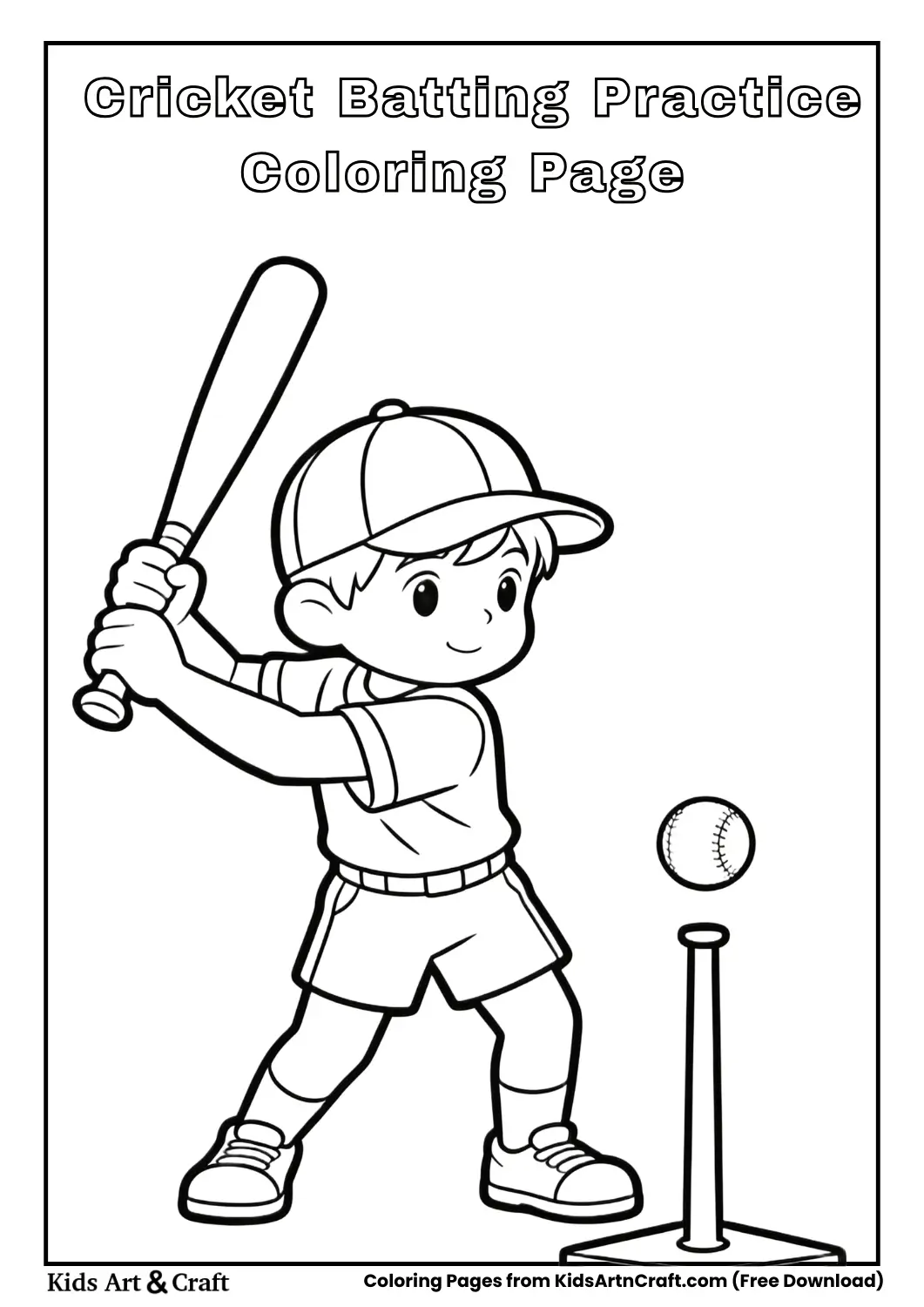 Child practicing batting cricket simple outline coloring page