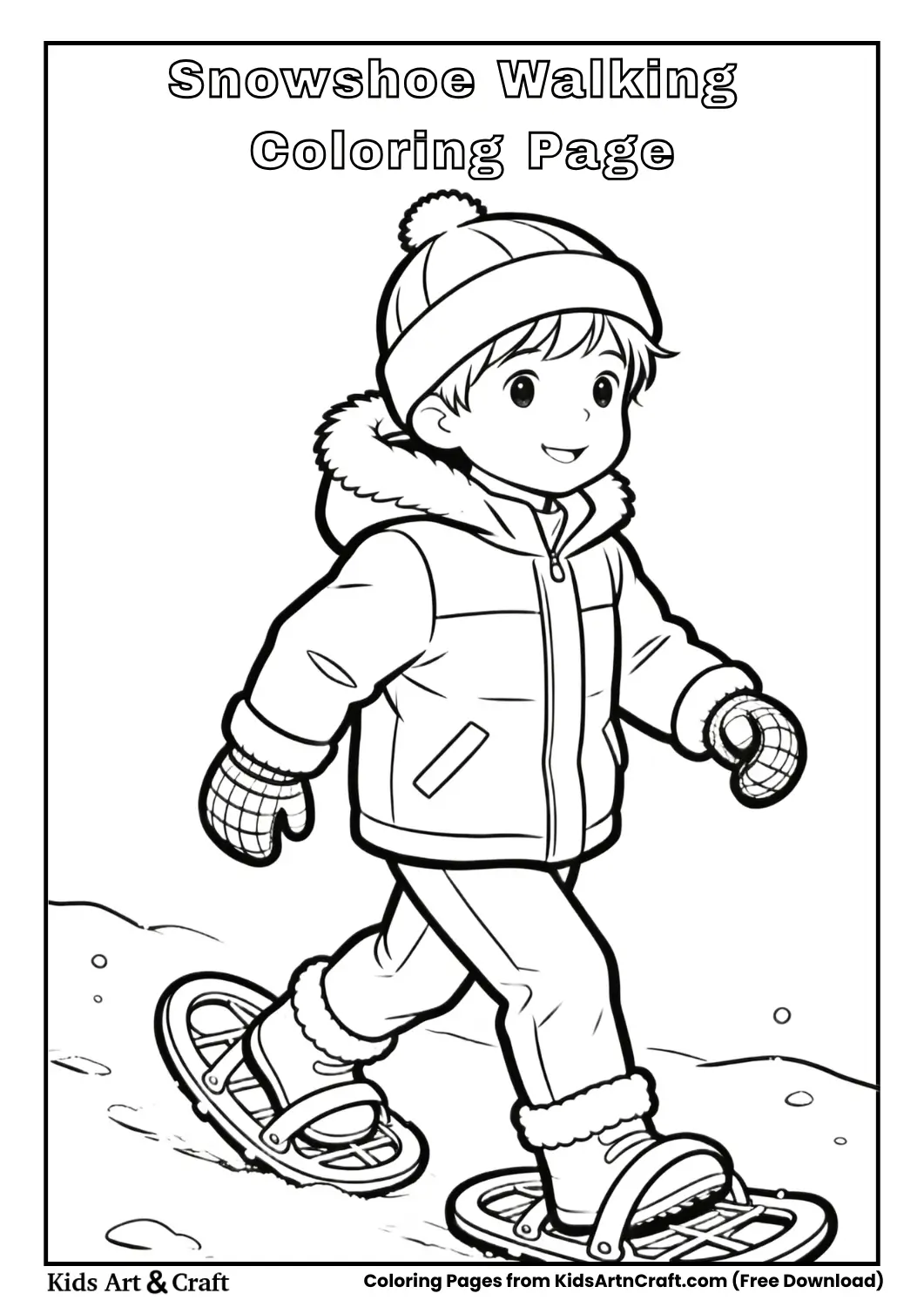 Child snowshoe walking coloring page