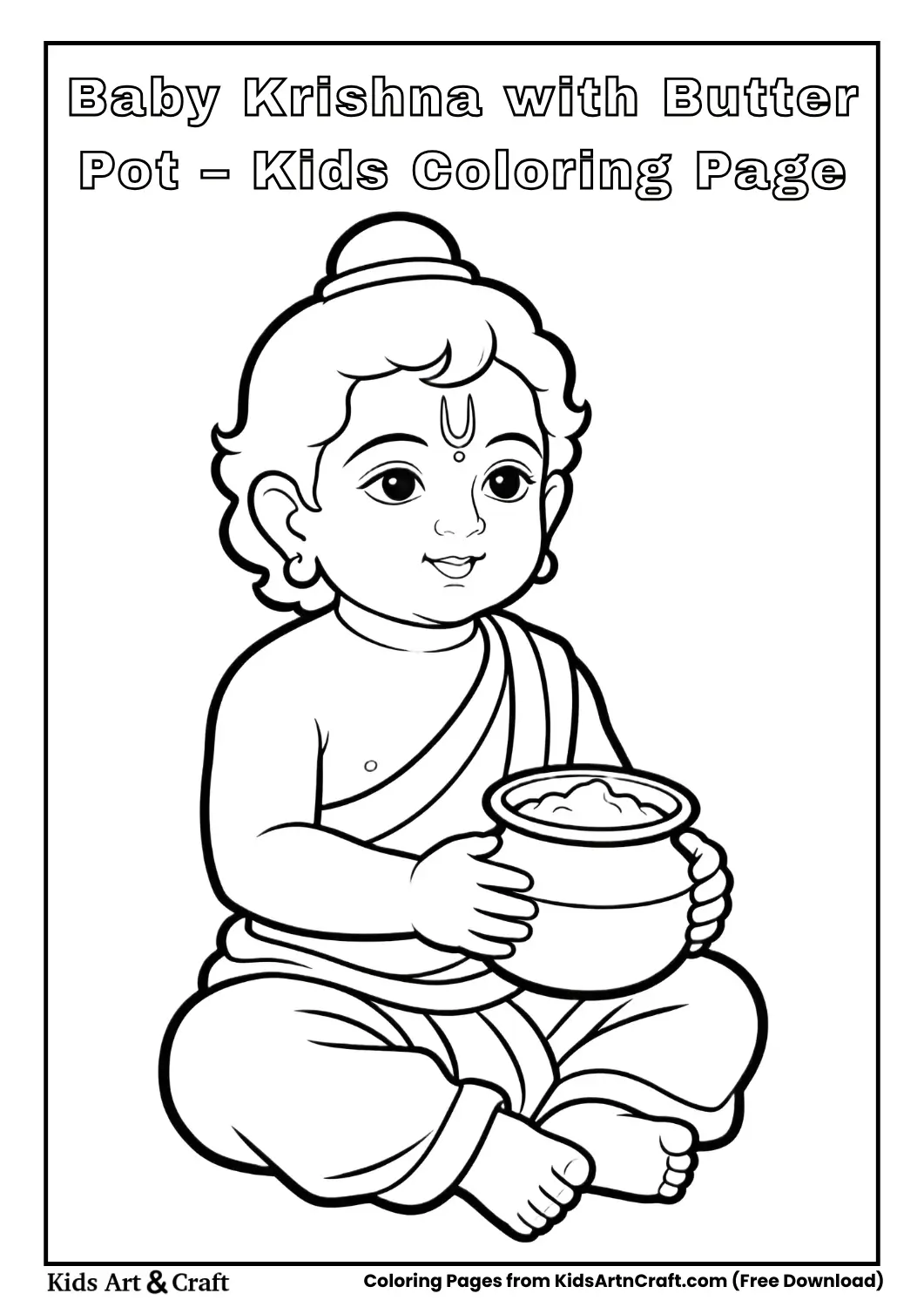Simple line art of baby Krishna sitting with butter pot, easy coloring page for children