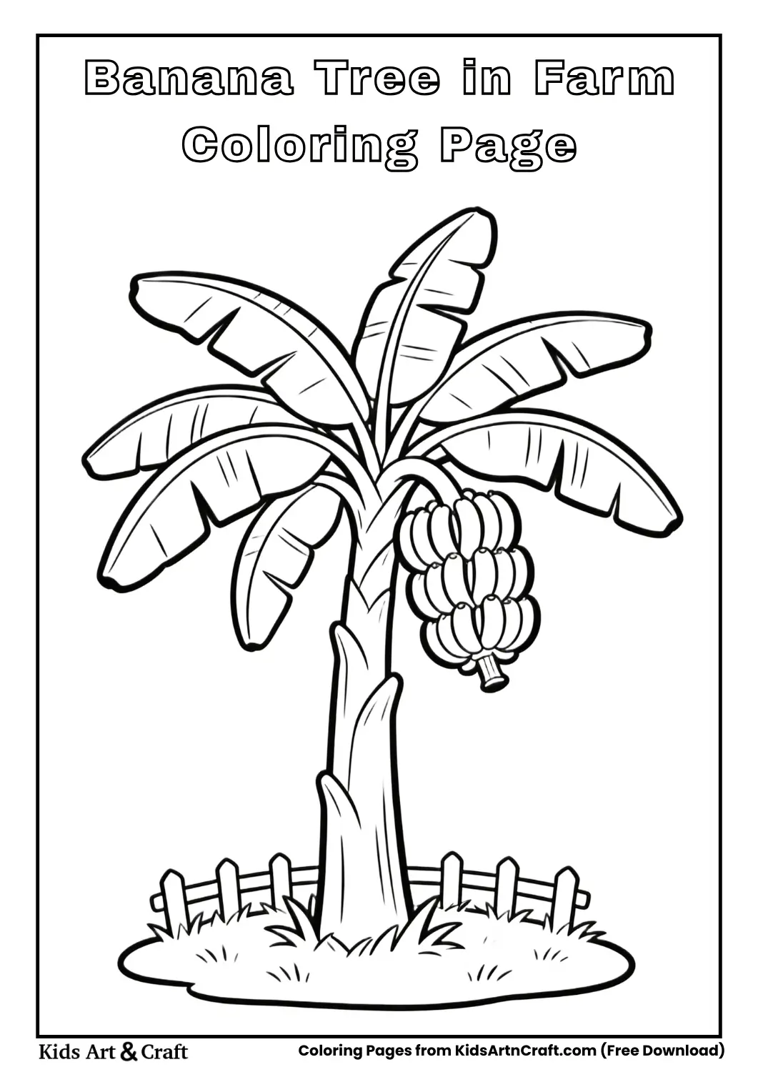Banana tree in small farm setting with grass and fence coloring page