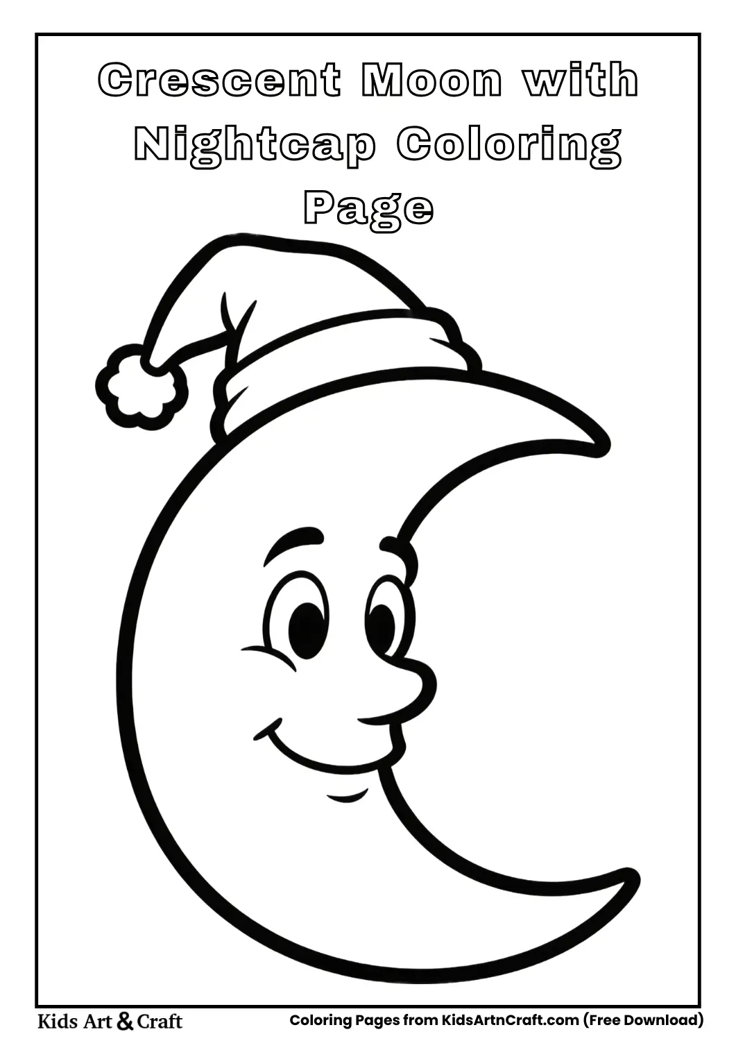 Crescent moon wearing a nightcap coloring page for kids