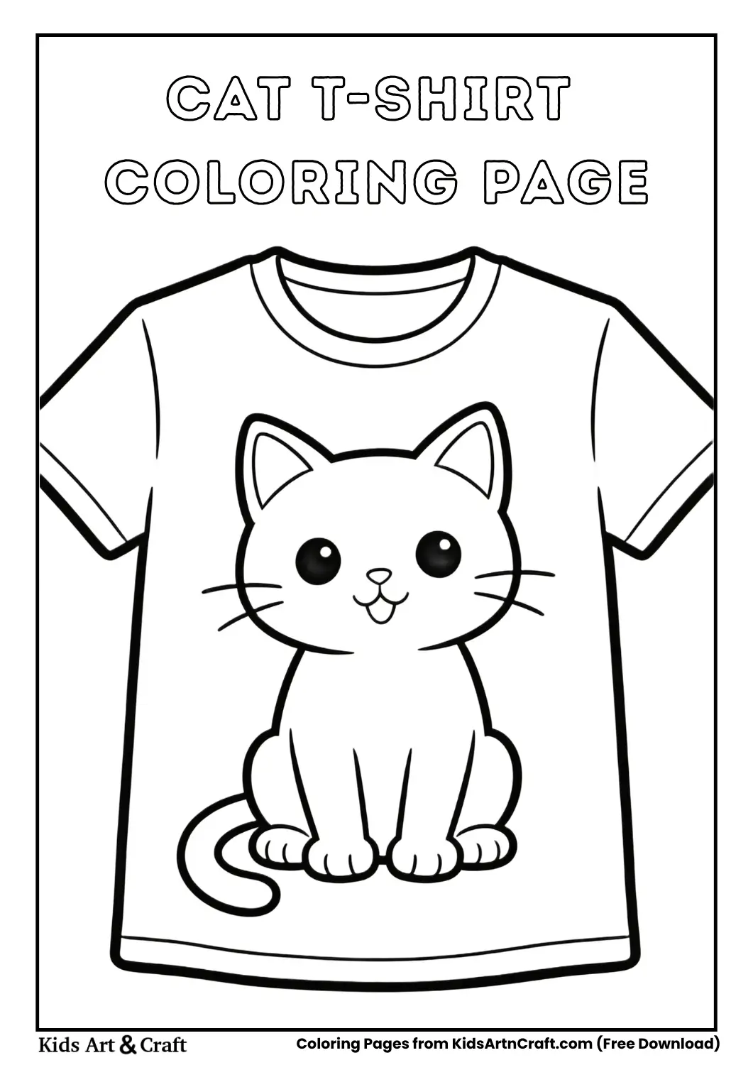 Black and white T-shirt coloring page with a cute cartoon cat