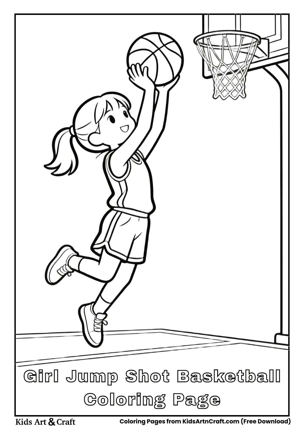 Girl jumping to shoot basketball coloring page
