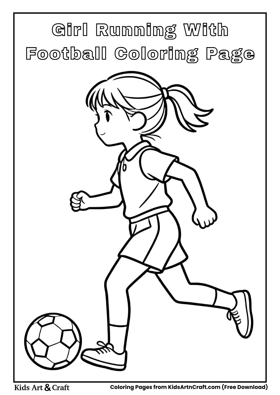 Cute girl running with football coloring page