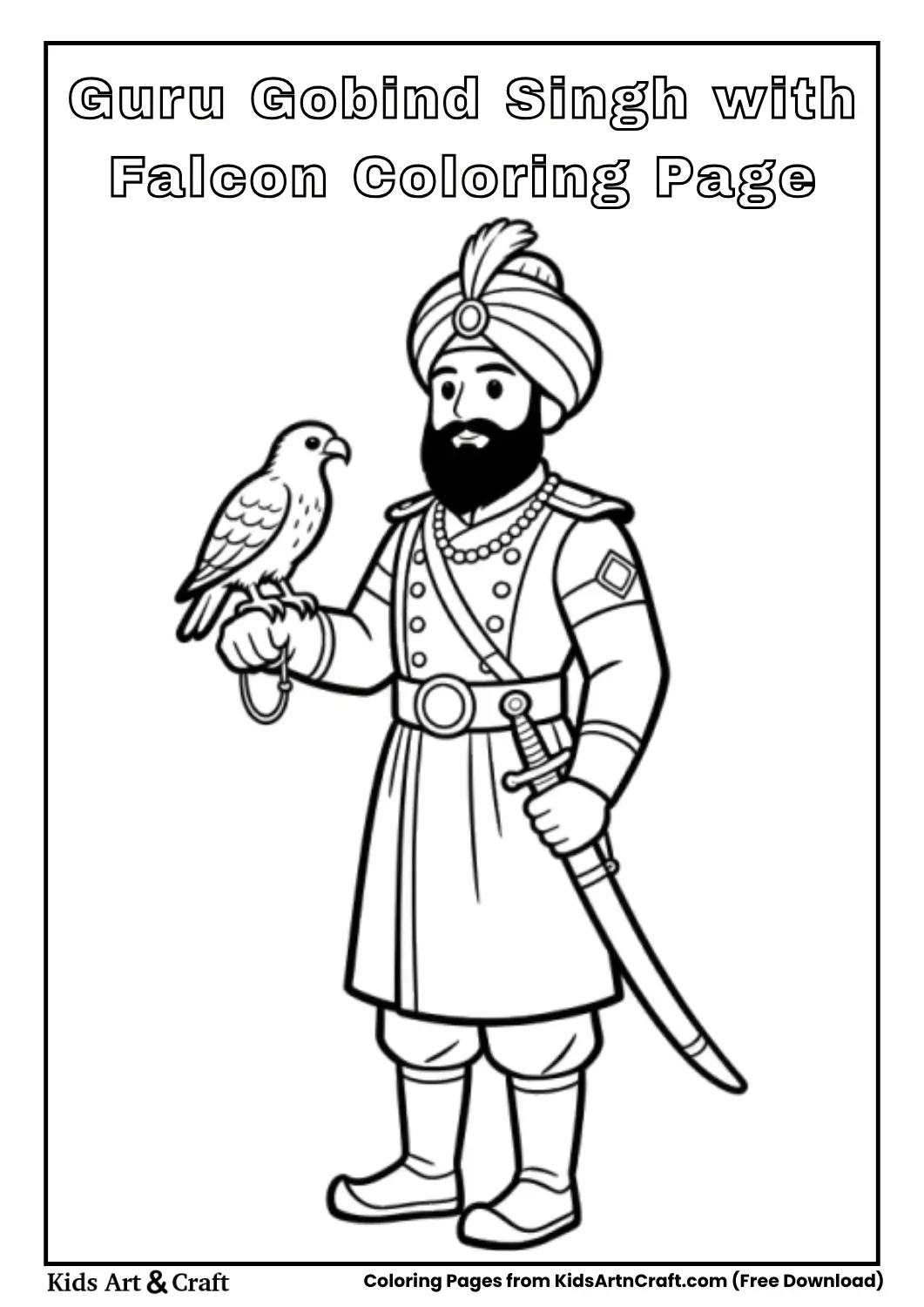 Simple line art coloring page of Guru Gobind Singh holding a falcon