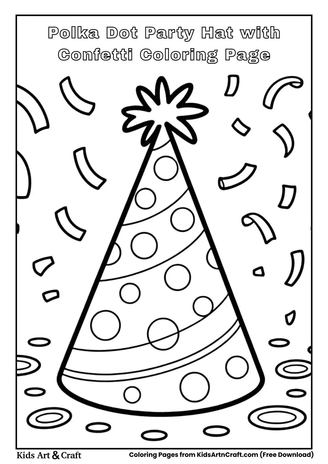 Polka dot party hat with confetti coloring page for children