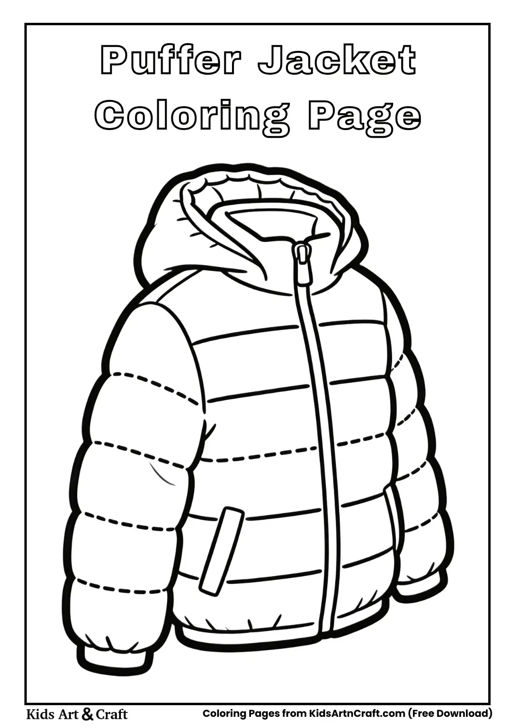 Puffer jacket black and white coloring page for kids