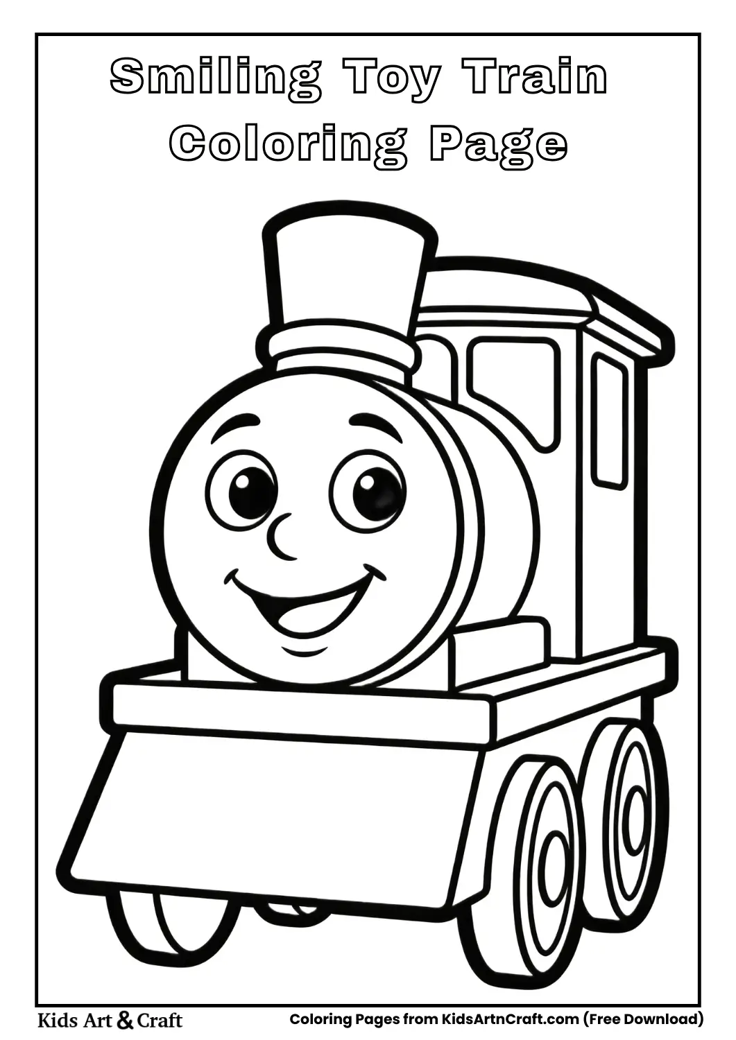 Cute smiling toy train black and white coloring page
