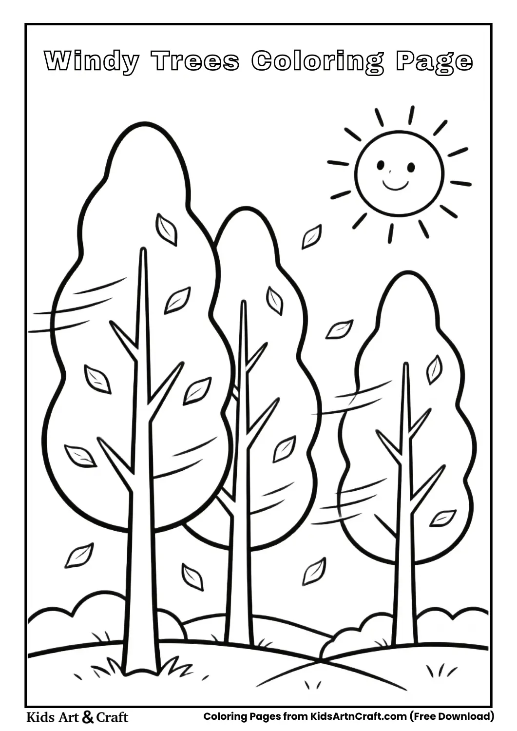 Wind blowing leaves from trees coloring page