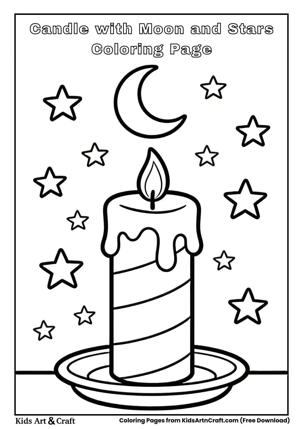 Candle with a moon and stars background coloring page.
