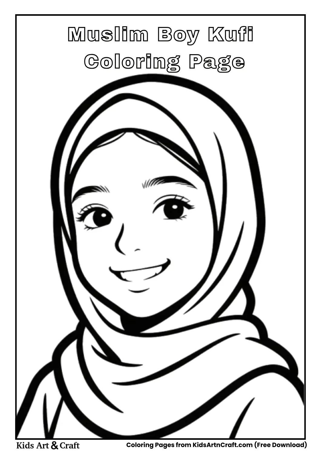 Smiling Muslim boy wearing kufi coloring page