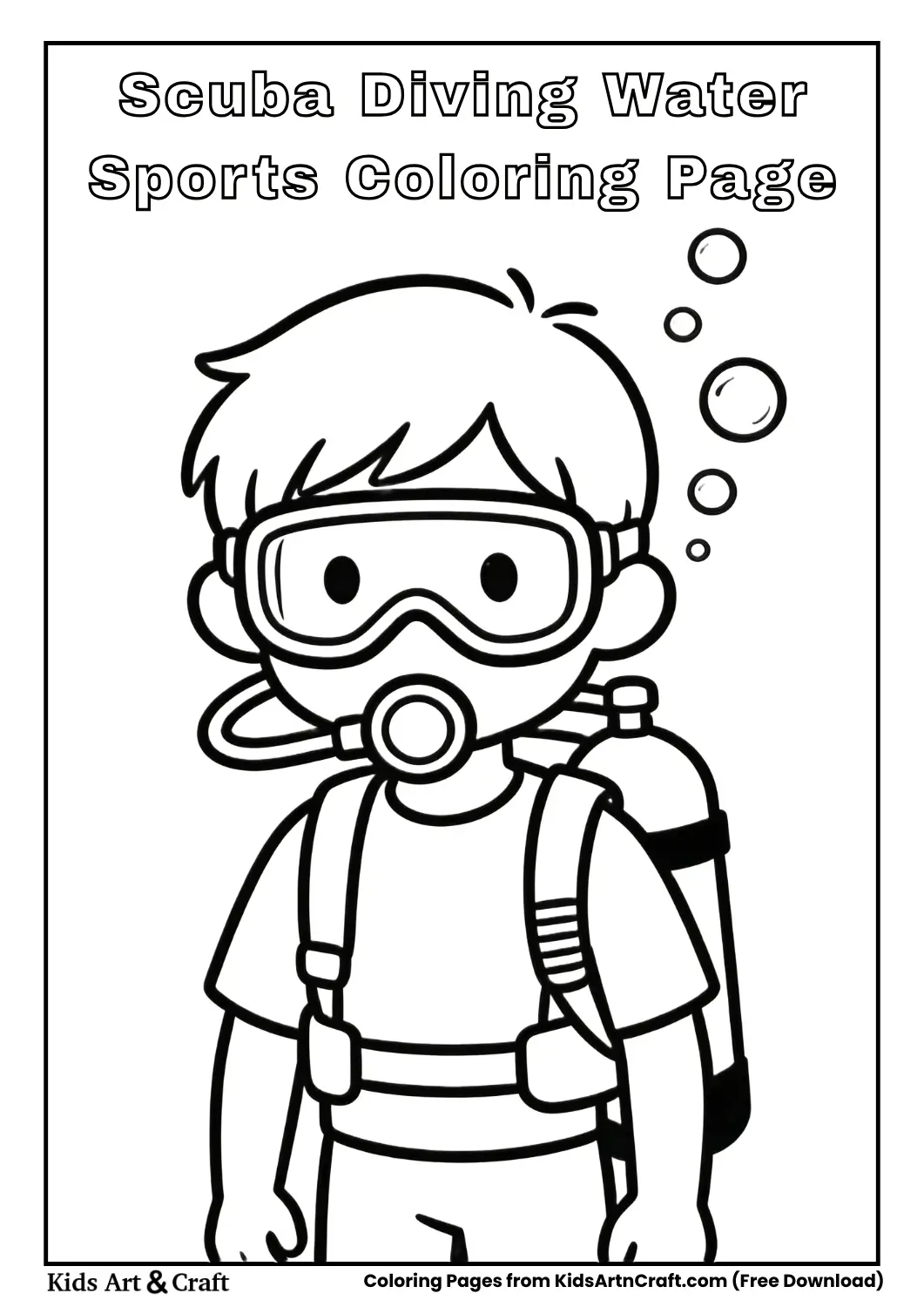 Kid scuba diving underwater coloring page