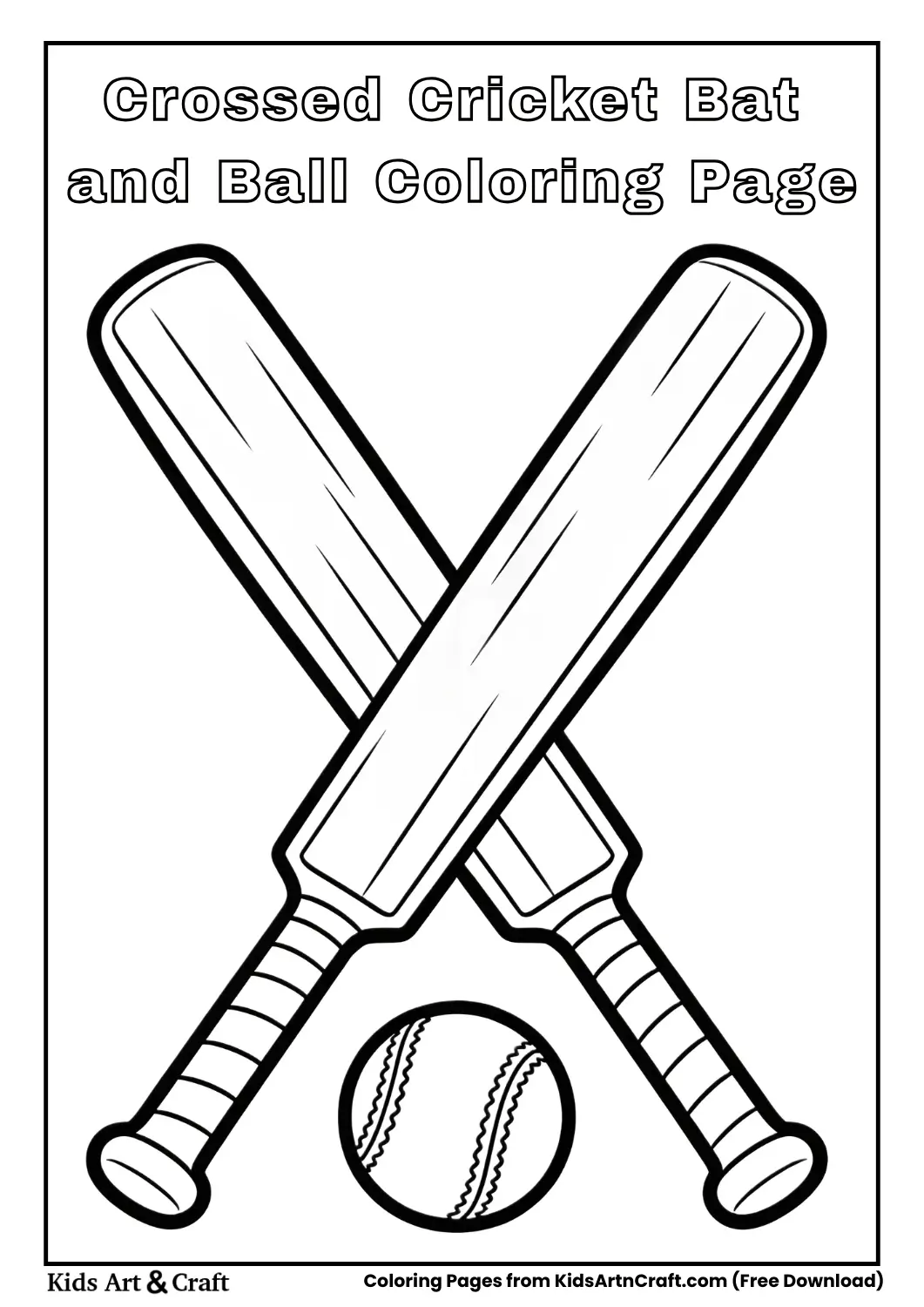 Crossed cricket bat and ball simple outline coloring page