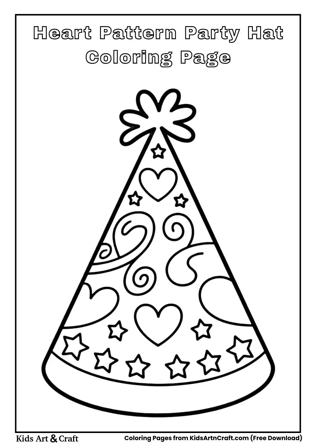 Party hat with heart pattern and swirls coloring page