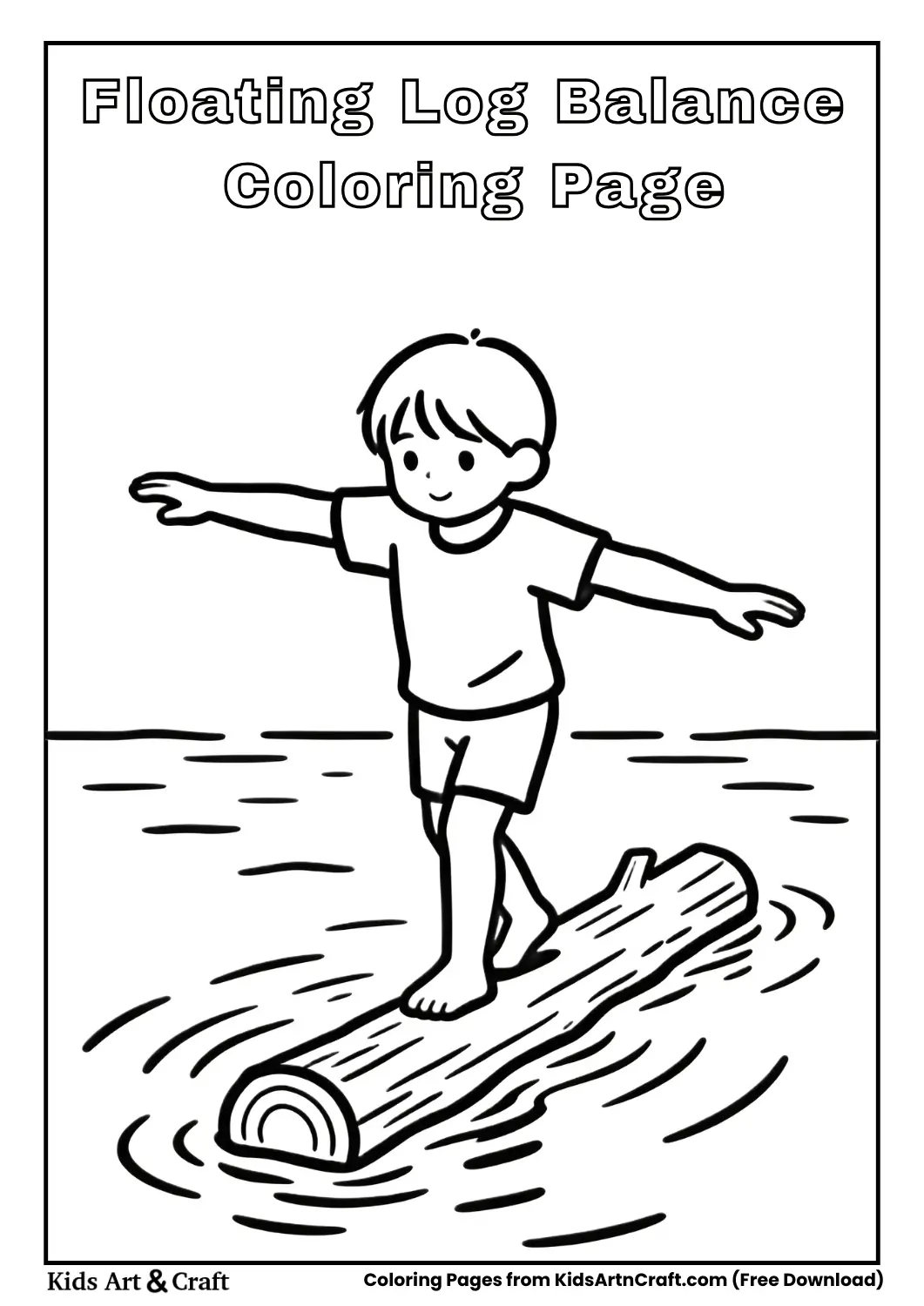 Child balancing on floating log coloring page