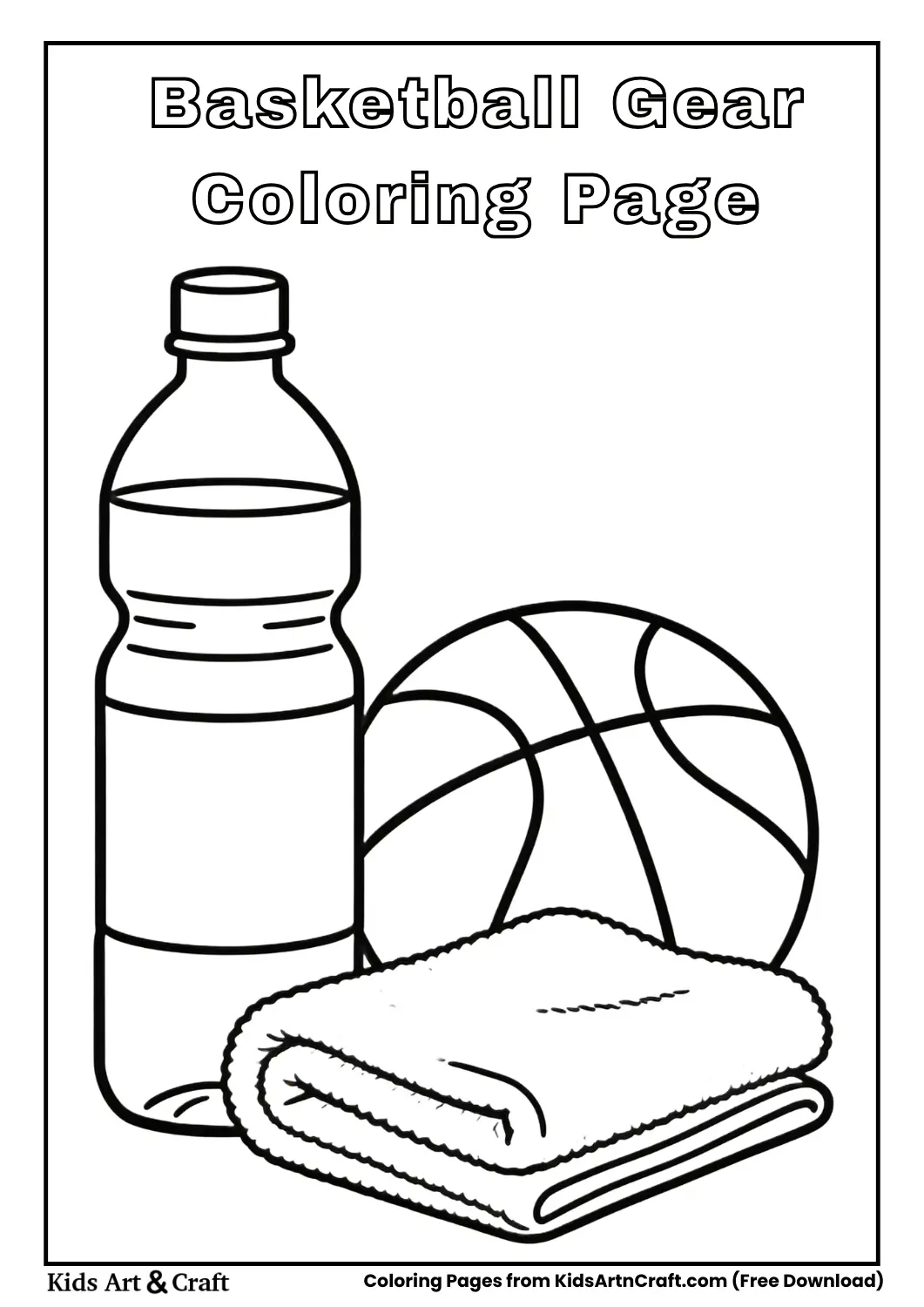 Water bottle and towel with basketball coloring page
