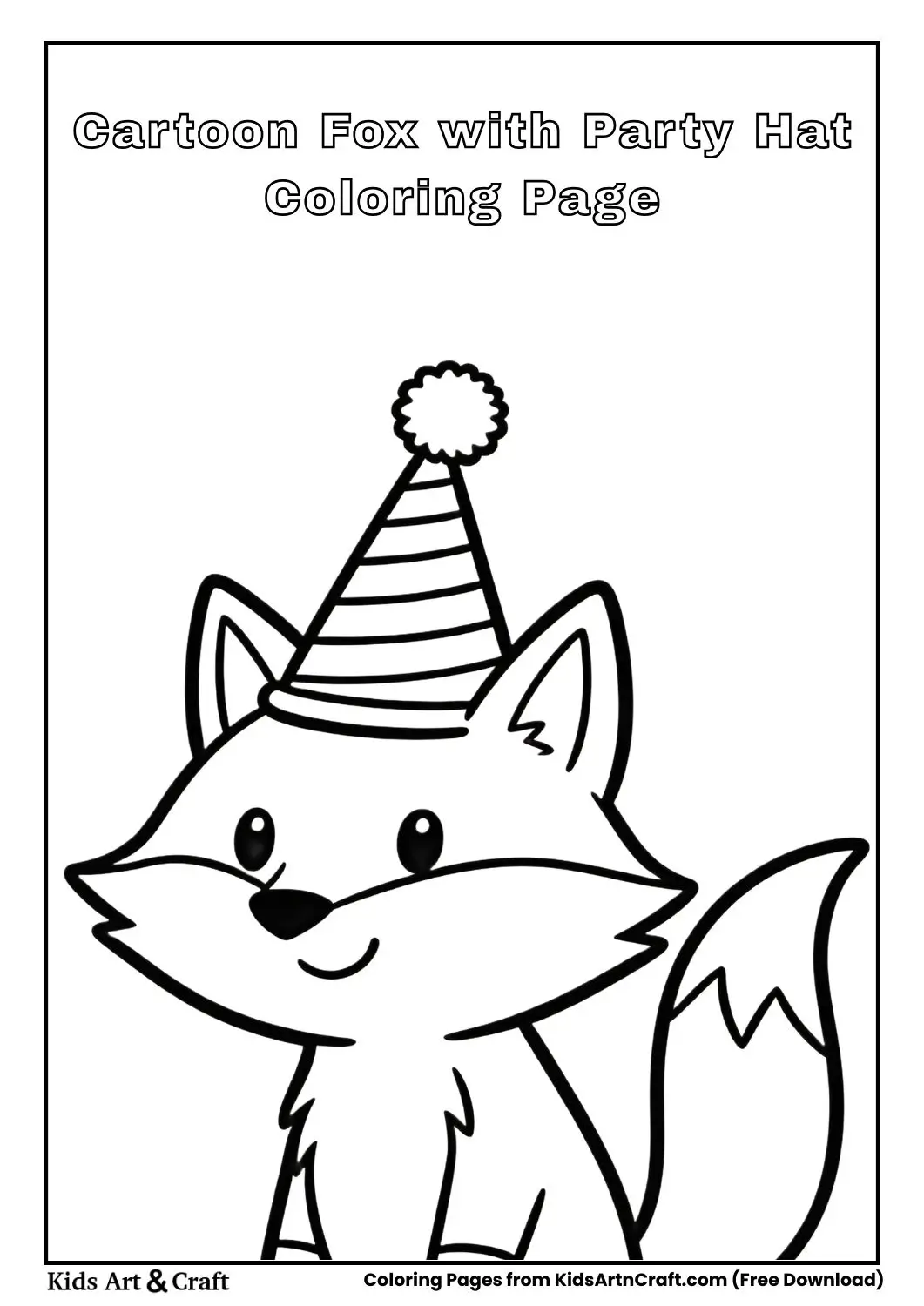 Cartoon fox wearing a striped party hat coloring page