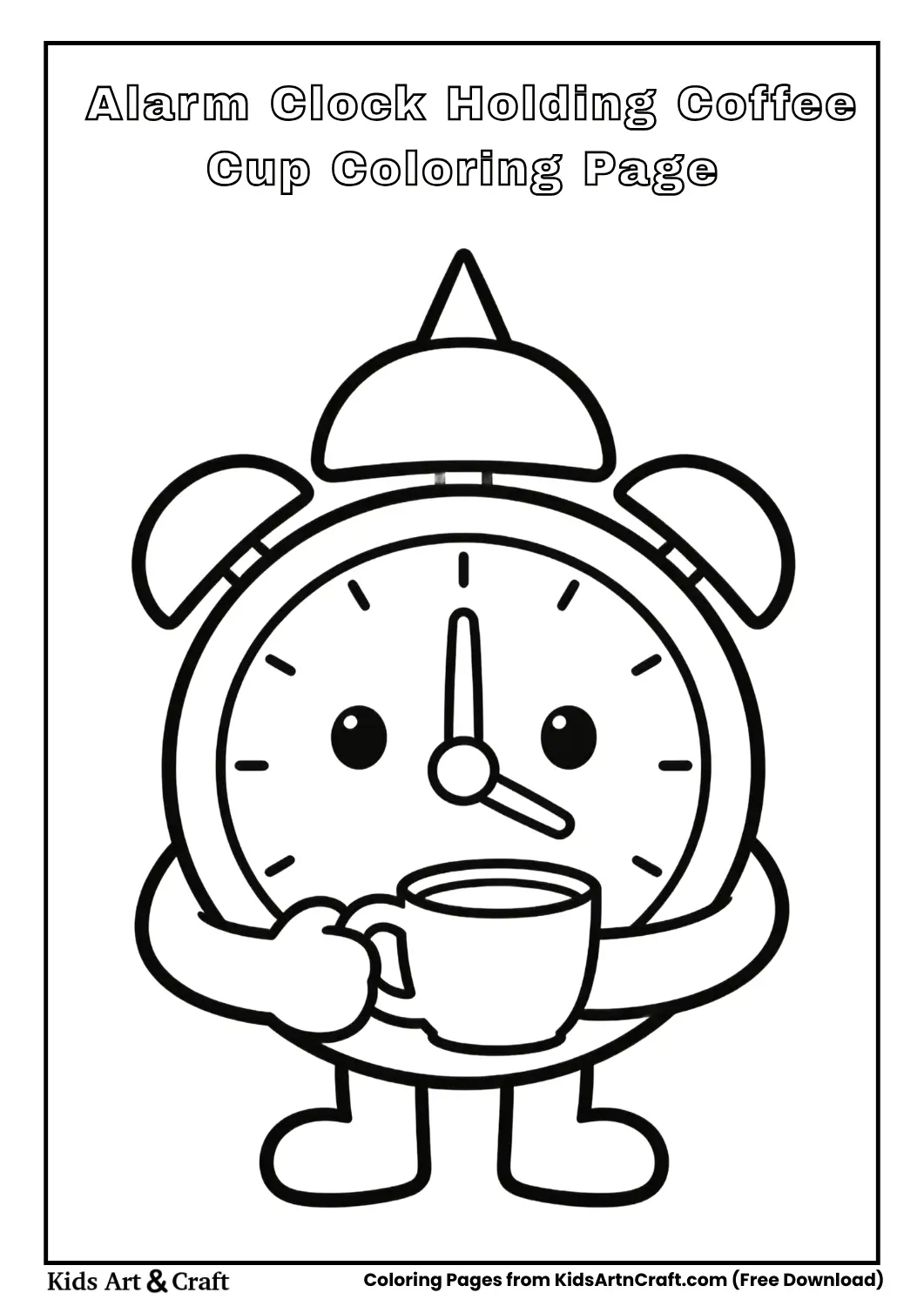 Alarm clock holding coffee cup coloring page for kids