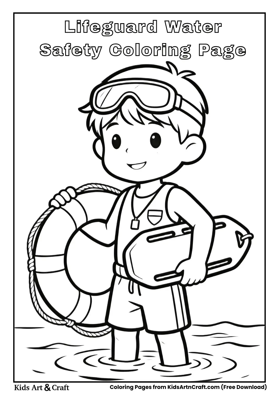 Child lifeguard with rescue float coloring page