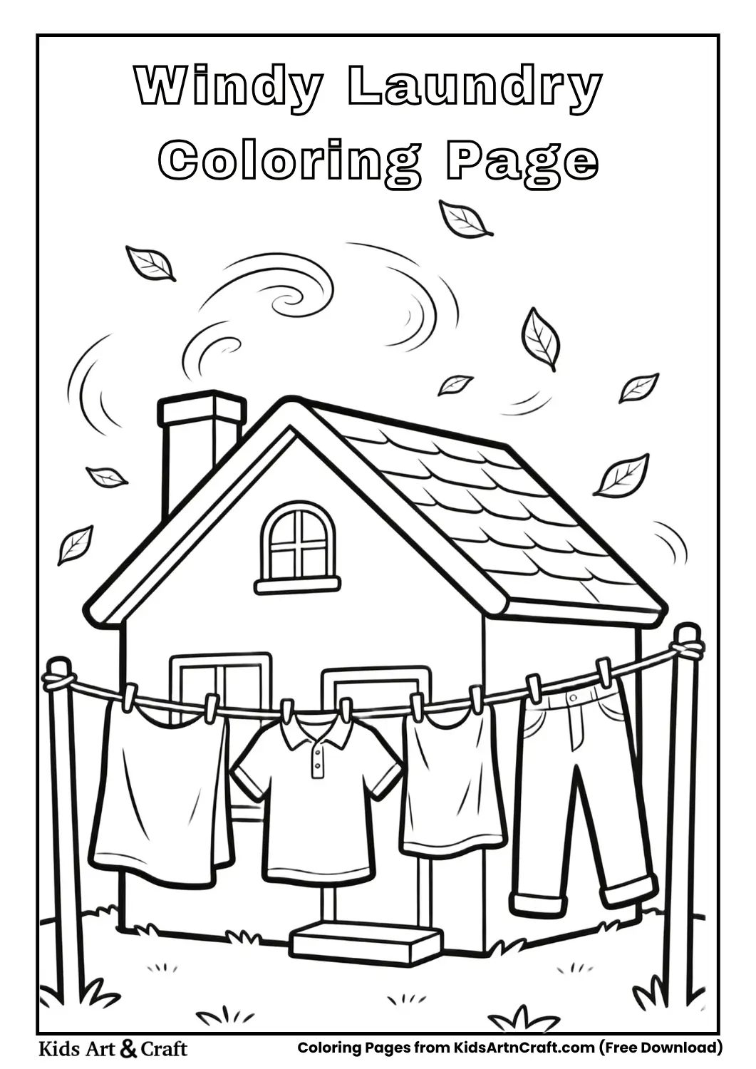 Laundry and leaves blowing in wind coloring page