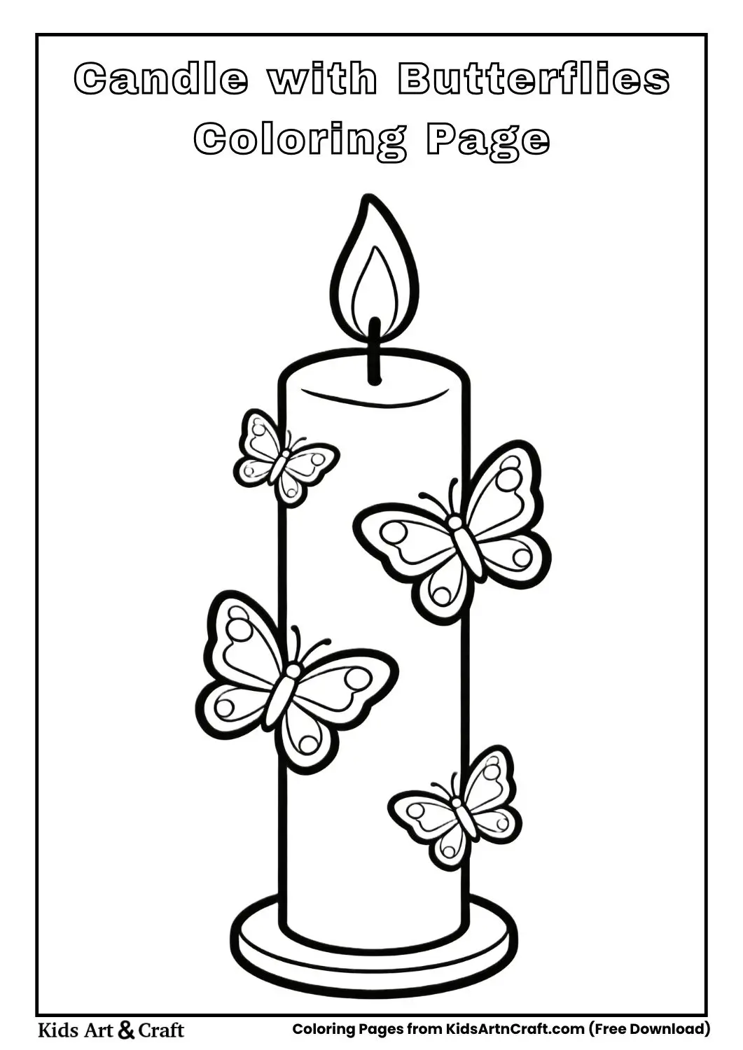 Candle surrounded by butterflies coloring page.