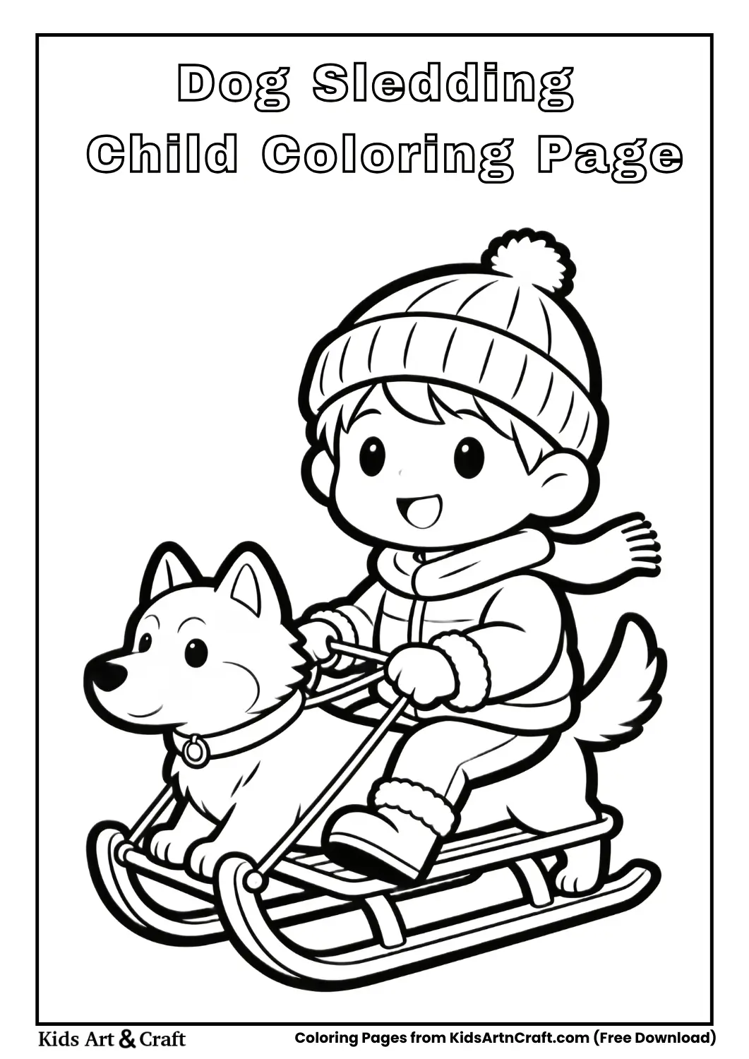 Child riding dog sled coloring page