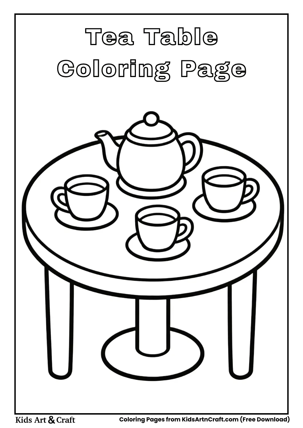 Tea table with cups coloring page for kids