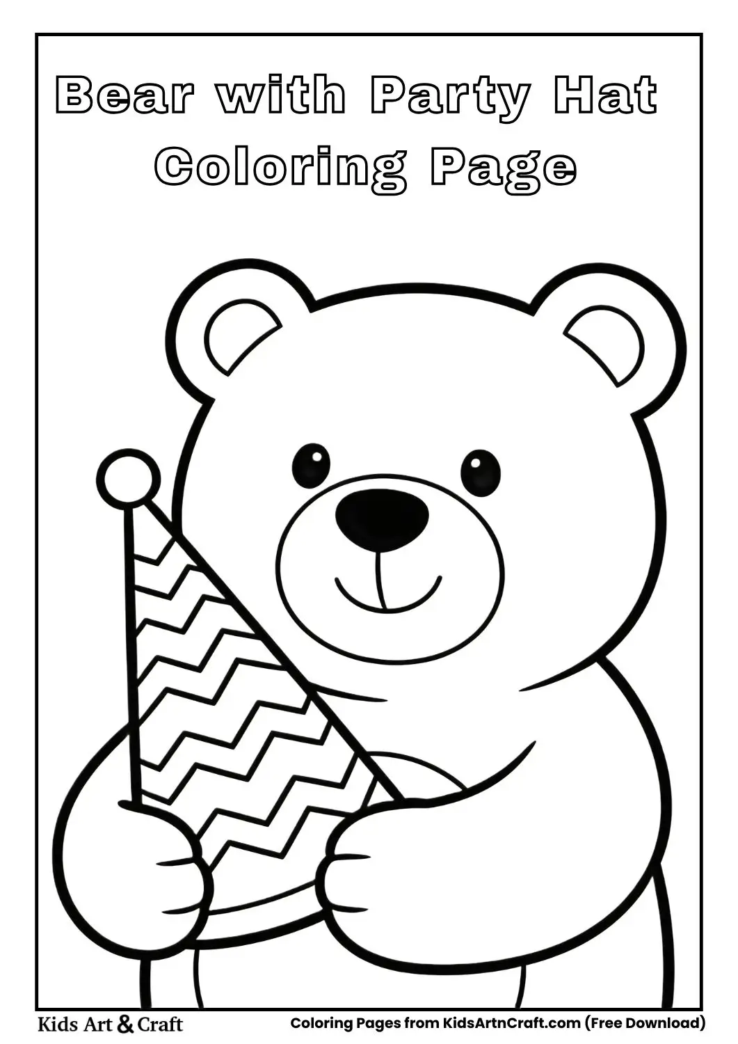 Cute bear holding a zigzag patterned party hat coloring page