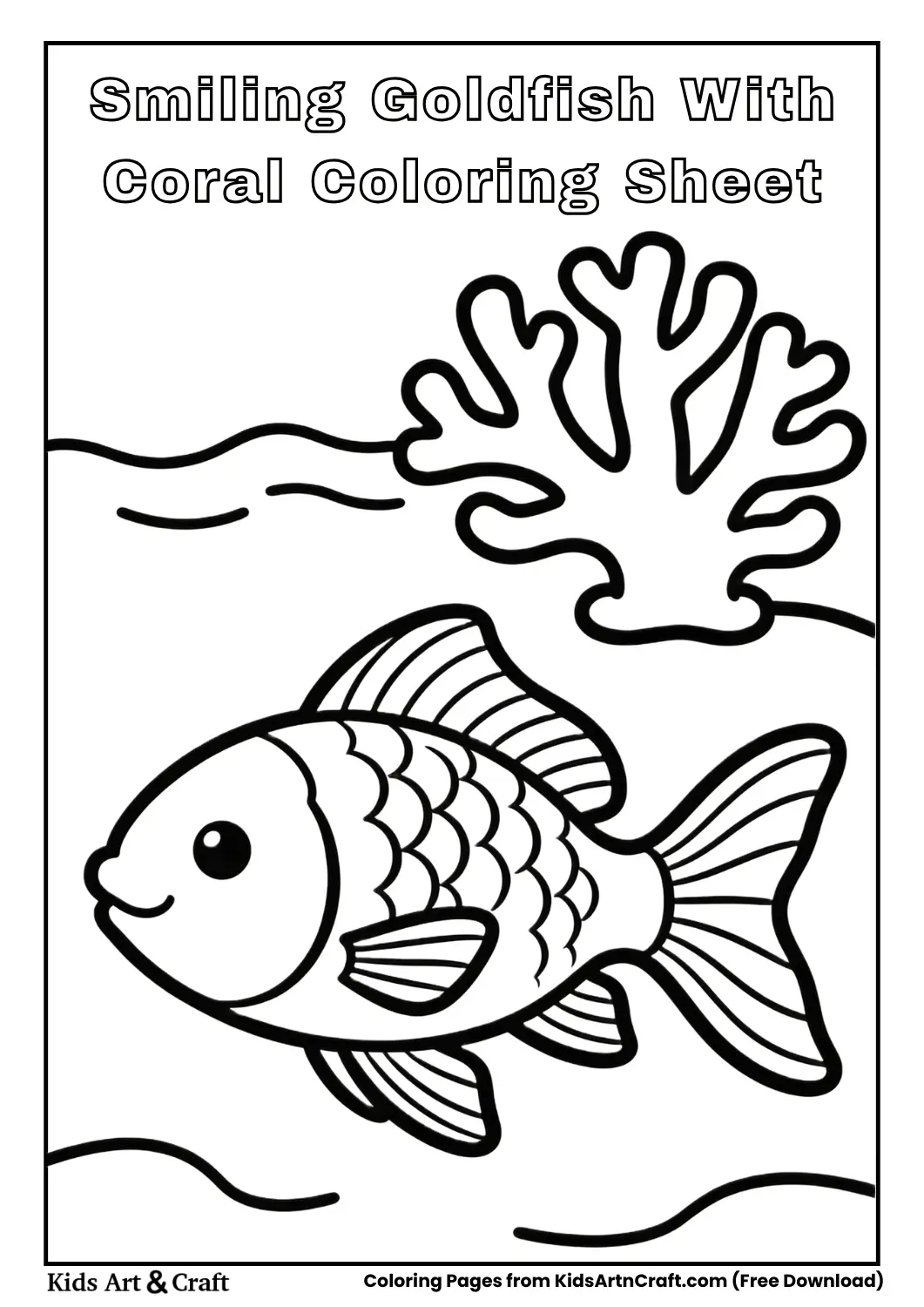 Smiling goldfish with coral coloring sheet