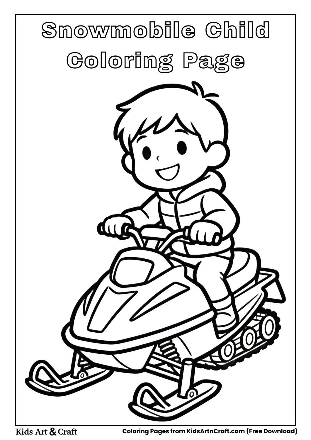 Child riding snowmobile coloring page