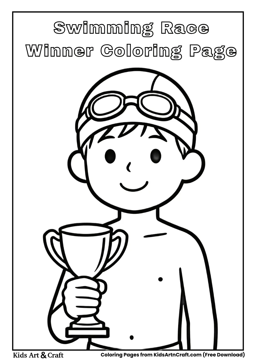 Child holding swimming trophy coloring page